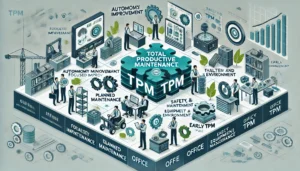 An informative and professional illustration representing the Total Productive Maintenance (TPM) methodology 1 "Illustration showcasing the Total Productive Maintenance (TPM) methodology, highlighting the 8 pillars: Autonomous Maintenance, Focused Improvement, Planned Maintenance, Quality Maintenance, Training and Education, Safety, Health and Environment, Office TPM, and Early Equipment Management. Includes visuals of machinery, tools, and teamwork."