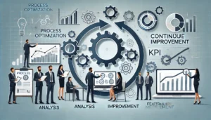 "Illustration depicting process optimization with interconnected gears, flowcharts, and collaborative teamwork. Highlights include continuous improvement loops, KPI graphs for performance measurement, and streamlined workflows. The visual emphasizes analysis, training, and efficiency in business processes."